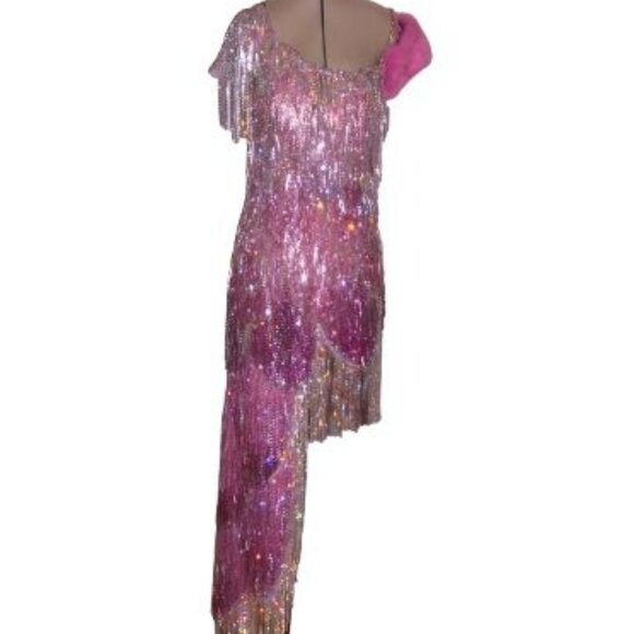 Glamorous Couture Swarovski Crystals Luxurious Fringes Mink Fur Wrap Dress Gown - Picture 11 of 15